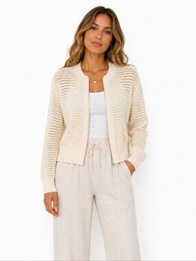 Varley Cameron Knit Cream Mesh Zip Cardigan Sweater Size L